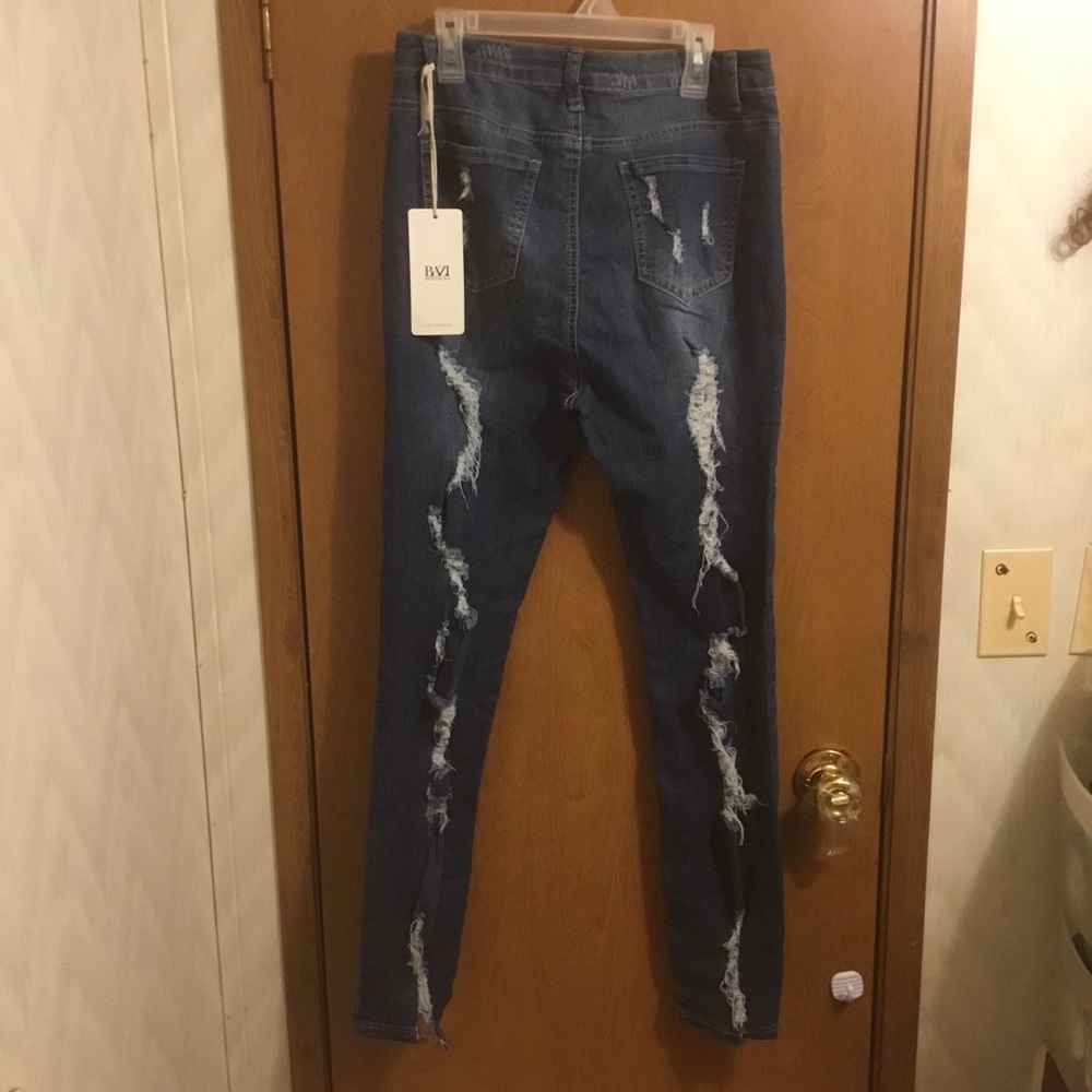 American bazi Medium Wash Whisker Detail High Waist Destroyed Skinny Jeans 9 - Picture 2 of 9